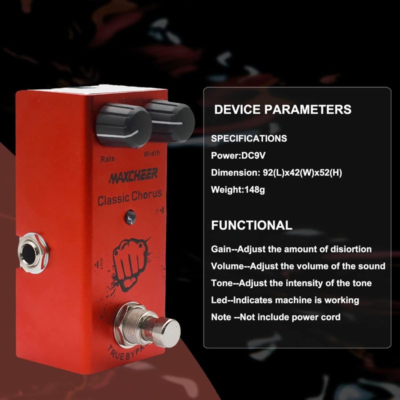 MAXCHEER Electric Guitar Classic Chorus Pedal Rate/Width Knob Effect Pedal Mini Single Type DC 9V True Bypass (Red) - Image 4